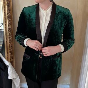 Anthropologie Emerald Green Velvet Blazer with Black Satin Trim